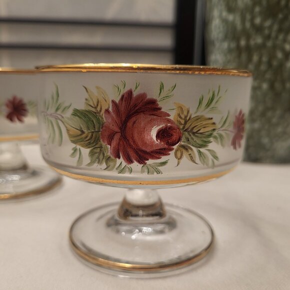 60s Italian Frosted Hand Painted Sherbet Glasses w/ Gold Trim - Set of 6 - Picture 3 of 4